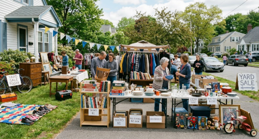 Community yard sale with clothing, furniture and household items